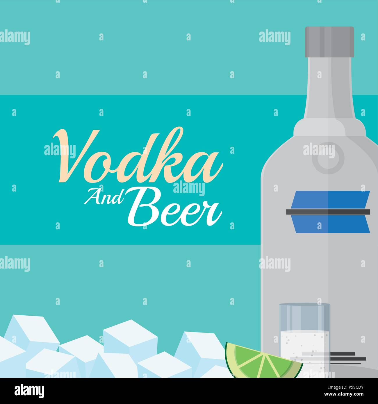 Vodka bottle with shots and ice cubes vector illustration graphic