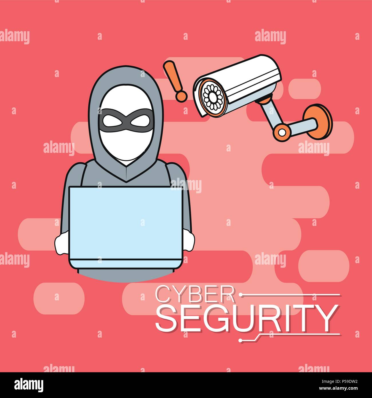 Hacker Computer Security Camera Hacker with laptop and surveillance camera vector illustration graphic ...