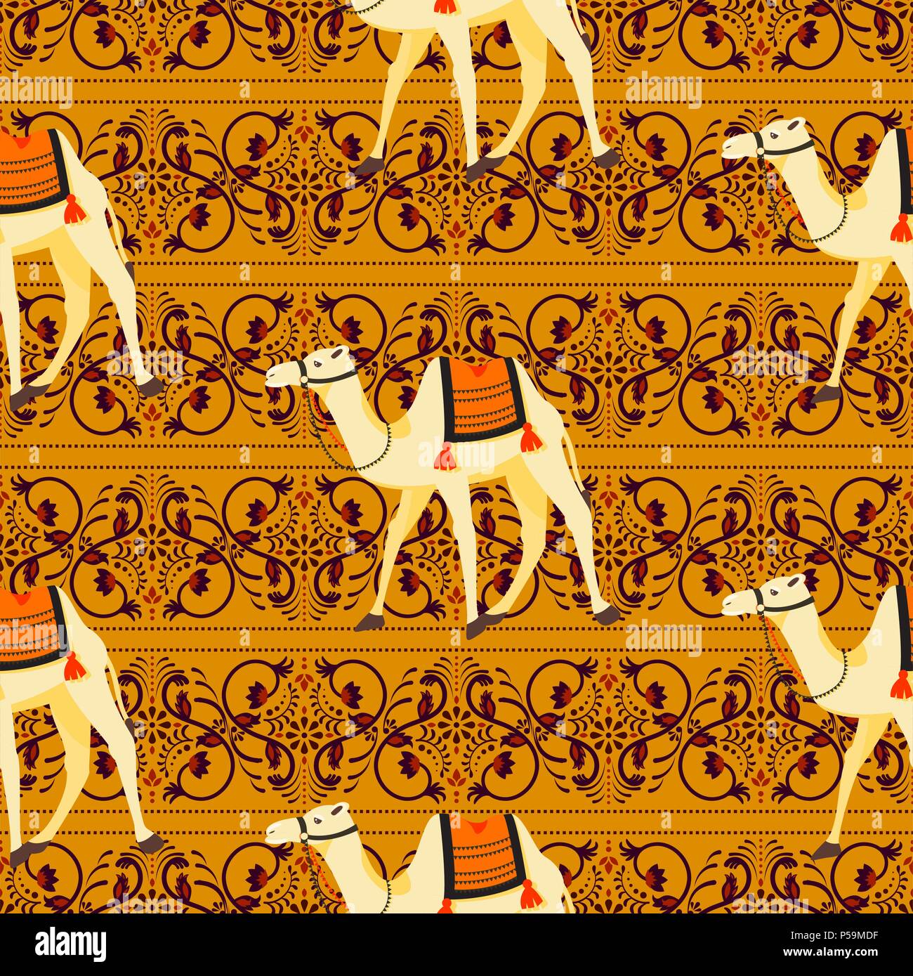 Camels oriental decorative motifs seamless vector pattern. Stock Vector