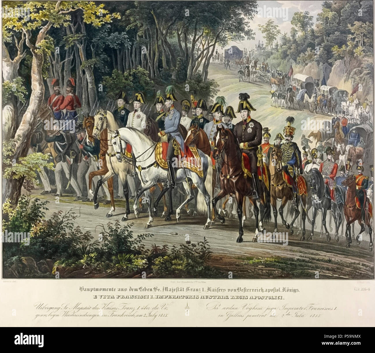 1815 Crossing of the Vosgues by the Emperor Franz I. Kaiser Franz I. reitet in Begleitung des Kronprinzen Ferdinand und des Feldmarschalls Fьrst Karl Philipp von Schwarzenberg ьber die Vogesen, um nach dem Sieg ьber Napoleon bei Waterloo in Paris einzuziehen. Lithographie von Franz Wolf nach einer Vorlage von Johann Nepomuk Hoechle, aus der Serie „Hauptmomente aus dem Leben Sr. Majestдt Franz I.“; Stock Photo