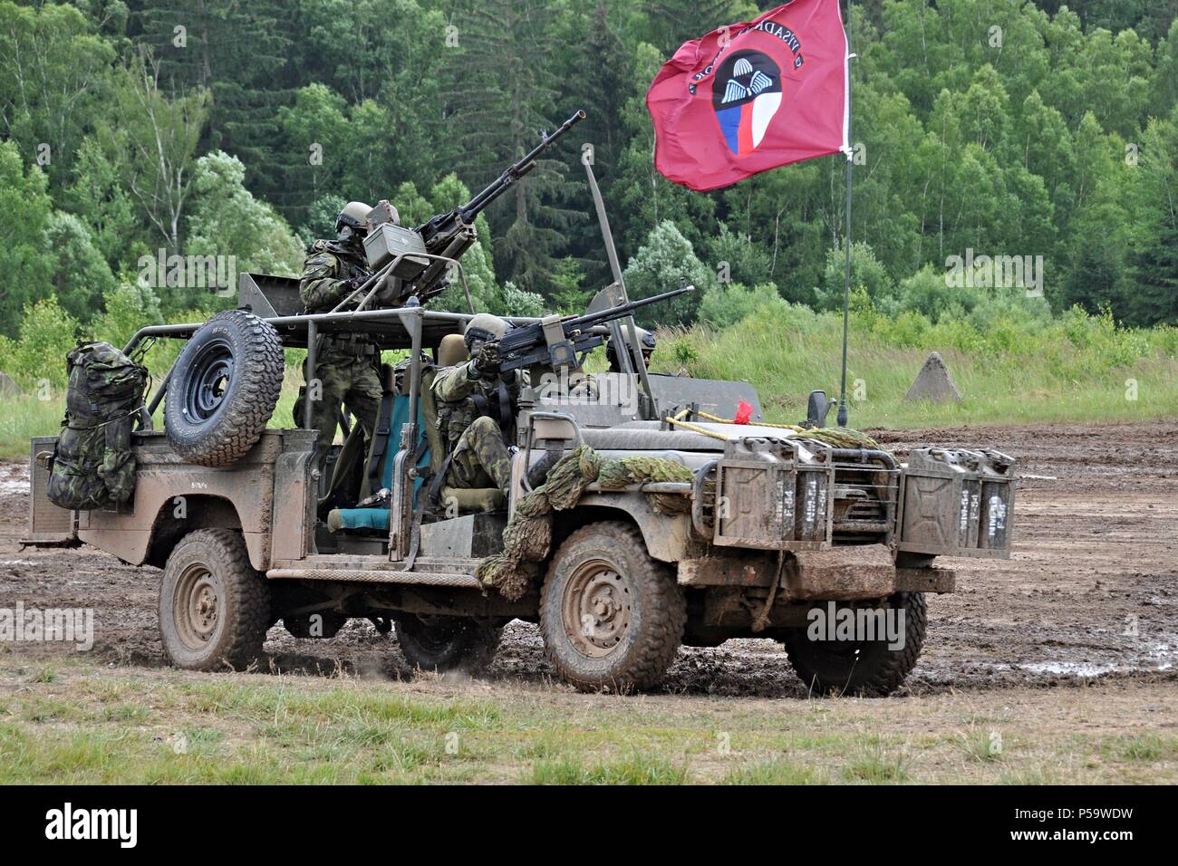 Strasice, Czech Republic. 23rd June, 2018. Land Rover Defender 130 vehicle is seen during the Ground Force Day Bahna 2018, presentation of military equipment and activities, in Strasice, Czech Republic, on June 23, 2018. Credit: Lada Peskova/CTK Photo/Alamy Live News Stock Photo