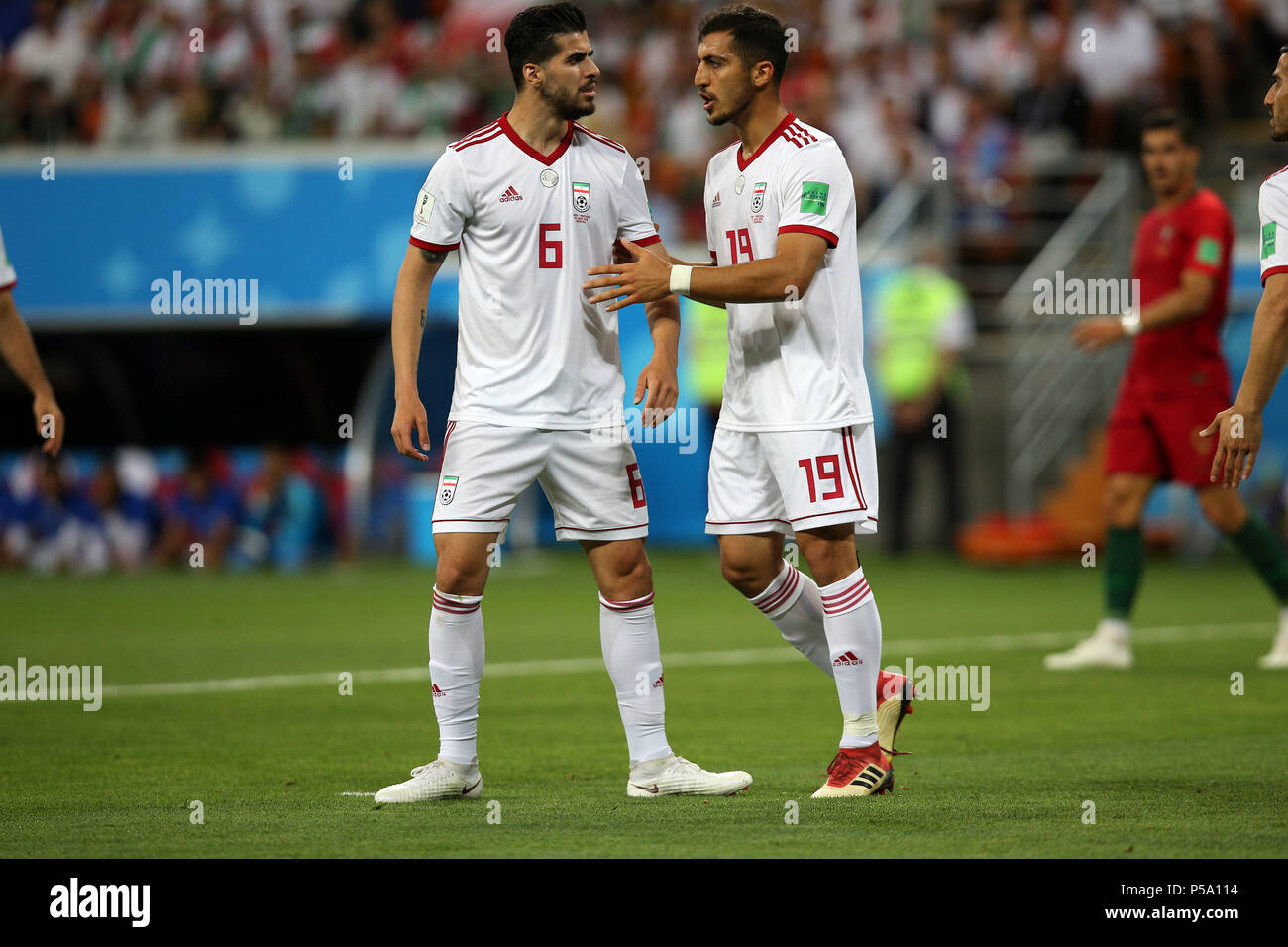 Saransk, Russia. 26th June, 2018. 25.06.2018. Saransk, Russia:SAEID EZATOLAHI, MAJID HOSSEINI in action during the Fifa World Cup Russia 2018, Group B, football match between IRAN V PORTUGAL in MORDOVIA ARENA STADIUM in SARANSK. Credit: Independent Photo Agency/Alamy Live News Stock Photo