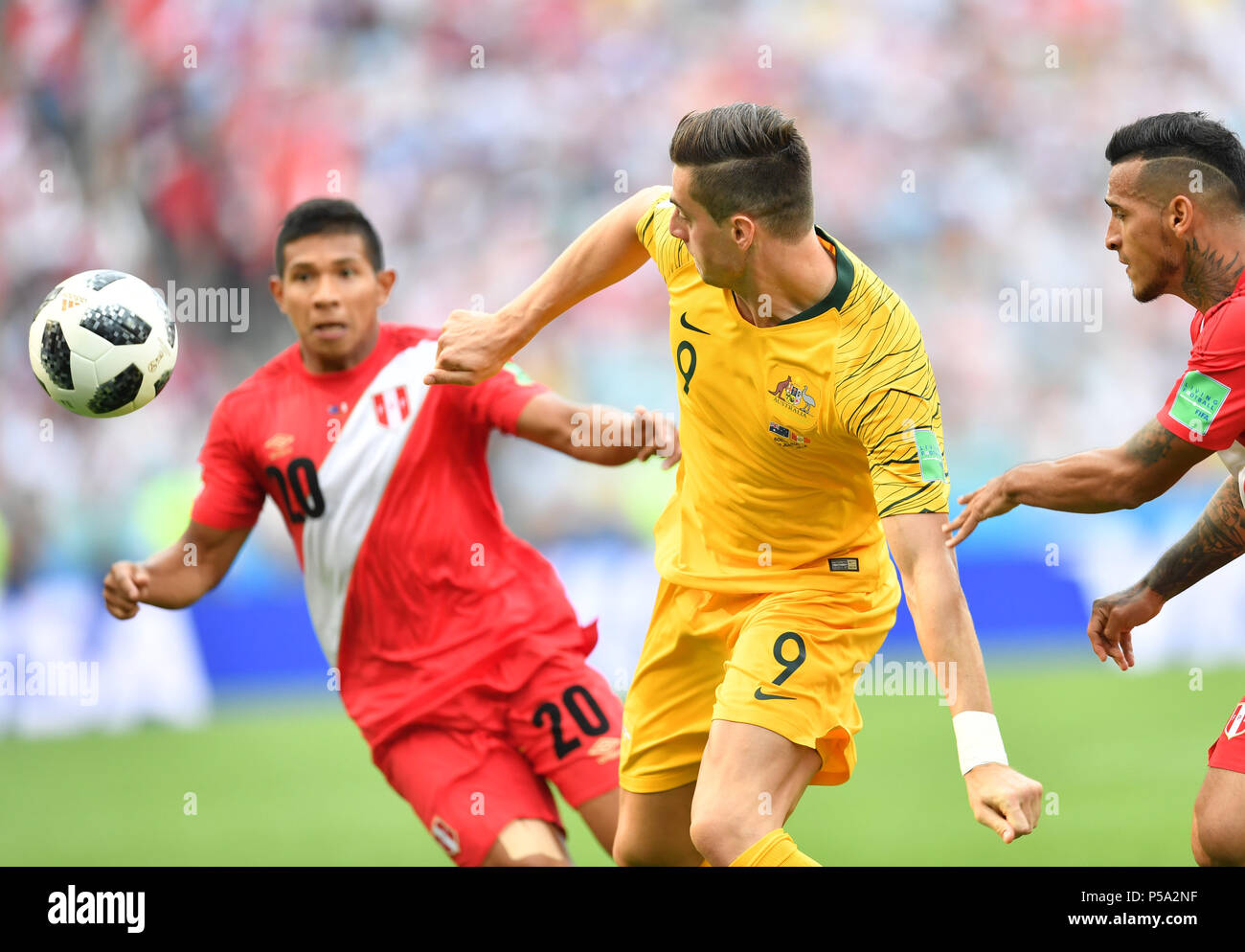 Sochi, Russia. 26th June, 2018. Tomi Juric (C) of Australia competes during the 2018 FIFA World Cup Group C match between Australia and Peru in Sochi, Russia, June 26, 2018. Credit: Liu Dawei/Xinhua/Alamy Live News Stock Photo