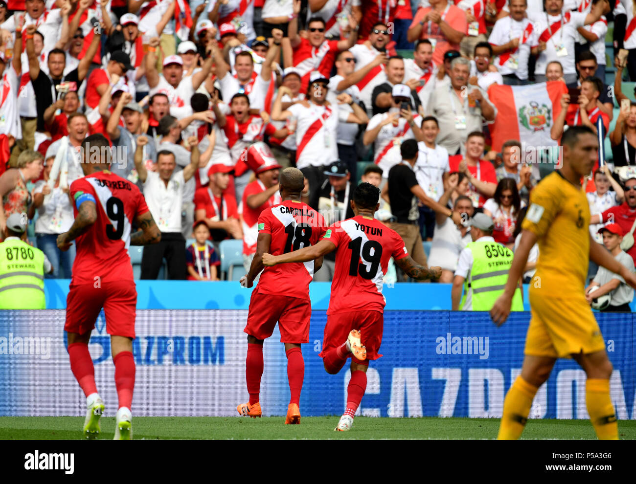 Sochi, Russia. 26th June, 2018. Andre Carrillo (2nd L) of Peru celebrates scoring with teammates during the 2018 FIFA World Cup Group C match between Australia and Peru in Sochi, Russia, June 26, 2018. Credit: Chen Cheng/Xinhua/Alamy Live News Stock Photo