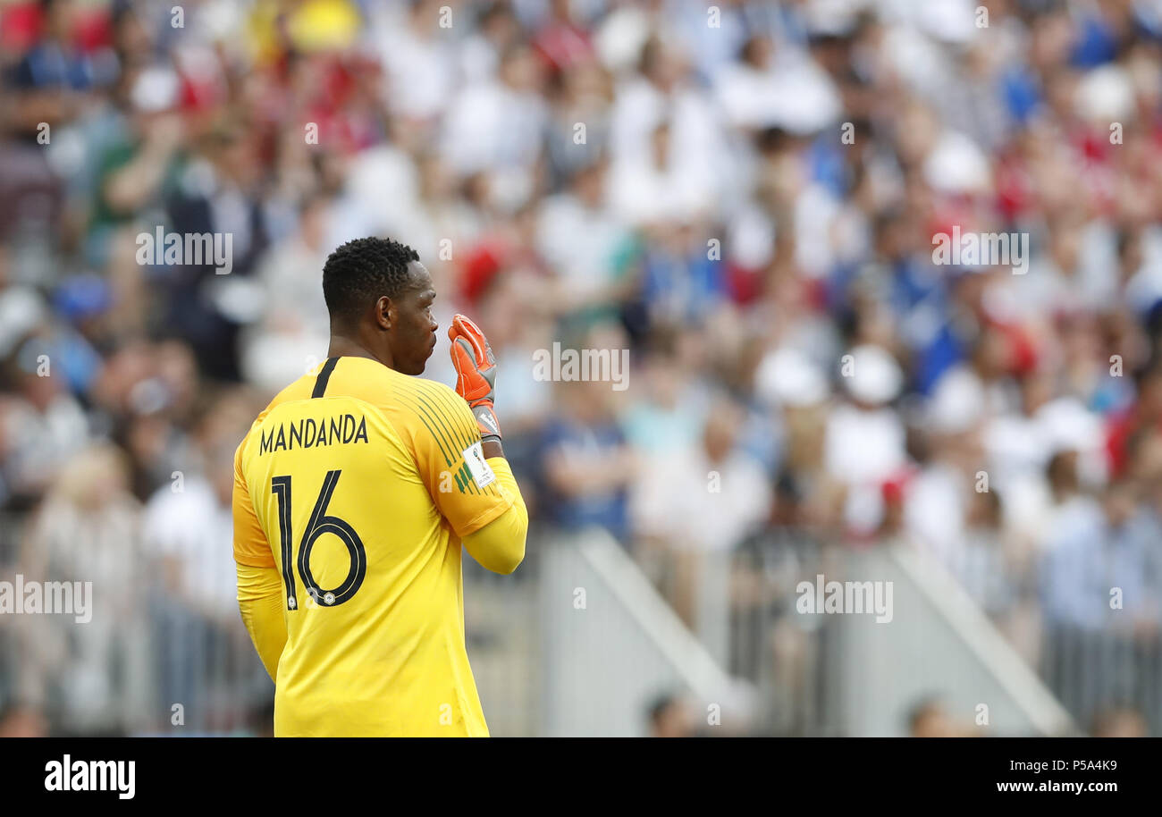 Moscow, Russia. 26th June, 2018. France's goalkeeper Steve Mandanda reacts during the 2018 FIFA World Cup Group C match between Denmark and France in Moscow, Russia, June 26, 2018. Credit: Cao Can/Xinhua/Alamy Live News Stock Photo