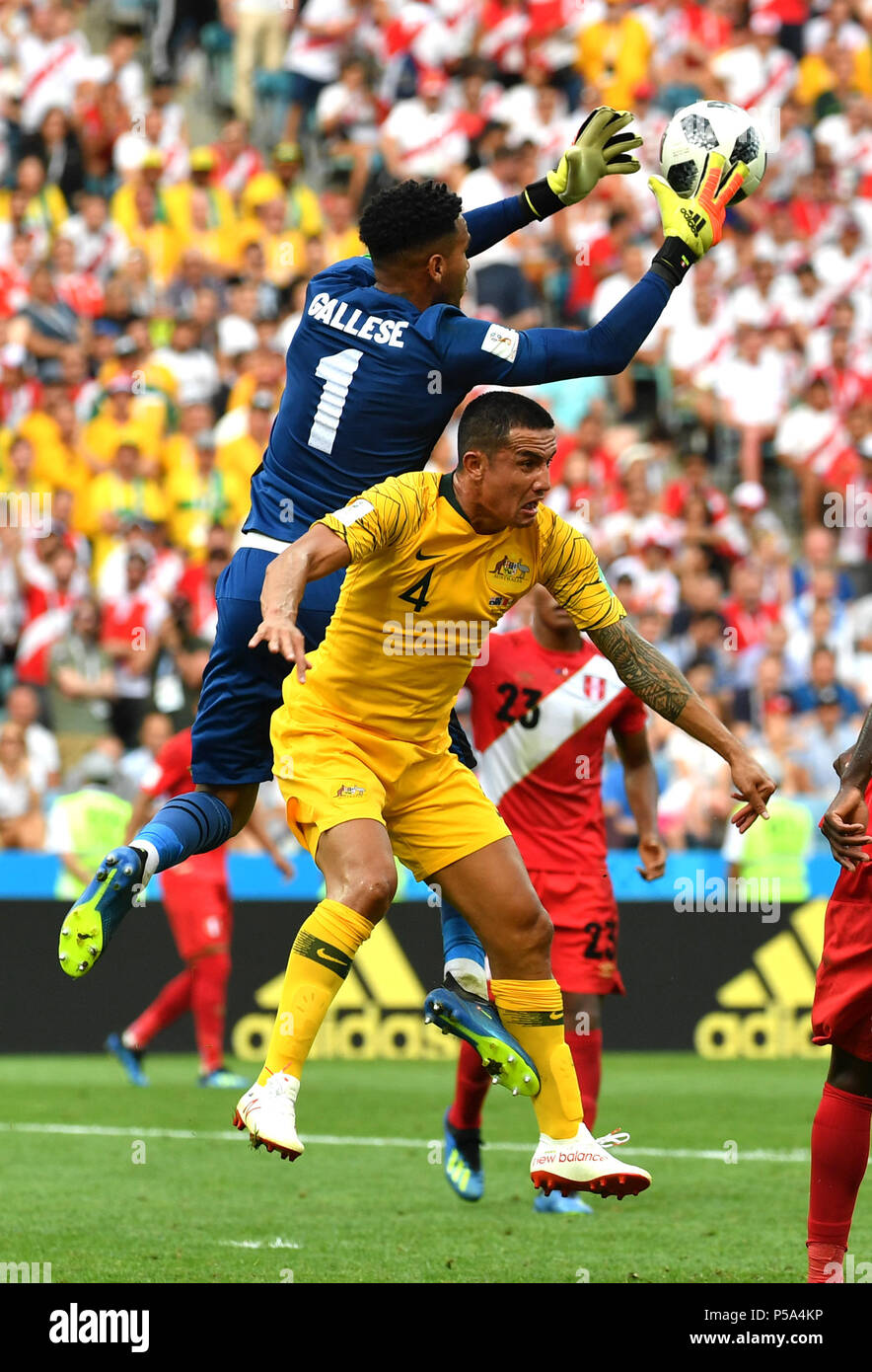 Sochi, Russia. 26th June, 2018. Tim Cahill (bottom) of Australia vies with goalkeeper Pedro Gallese of Peru during the 2018 FIFA World Cup Group C match between Australia and Peru in Sochi, Russia, June 26, 2018. Peru won 2-0. Credit: Chen Cheng/Xinhua/Alamy Live News Stock Photo