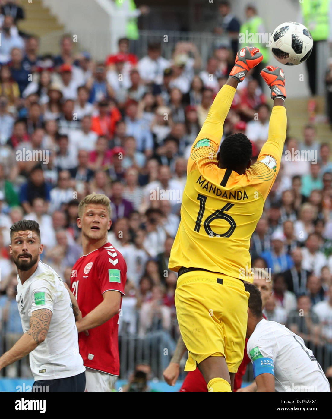 Moscow, Russia. 26th June, 2018. France's goalkeeper Steve Mandanda defends during the 2018 FIFA World Cup Group C match between Denmark and France in Moscow, Russia, June 26, 2018. The match ended in a 0-0 draw. France and Denmark advanced to the round of 16. Credit: Cao Can/Xinhua/Alamy Live News Stock Photo