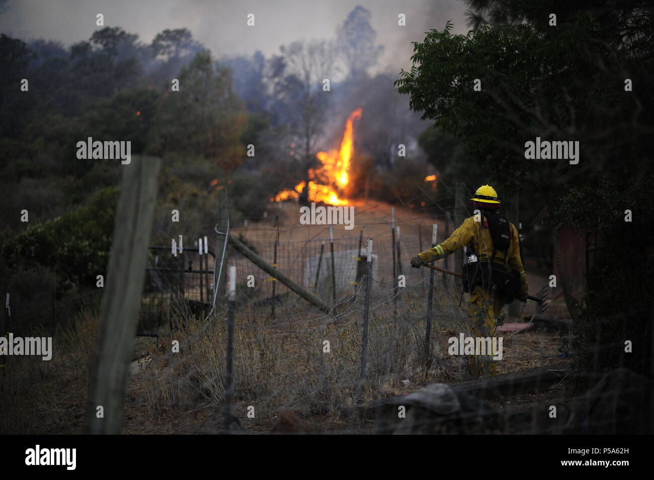 June 24, 2018 - Clearlake Oaks, California, USA - A Cal Fire strike team from the Wilbur Springs station in Williams CA spent Sunday morning watching as the Pawnee Fire slowly made its way towards a home in the Spring Valley area of Lake County. (Credit Image: © Neal Waters via ZUMA Wire) Stock Photo