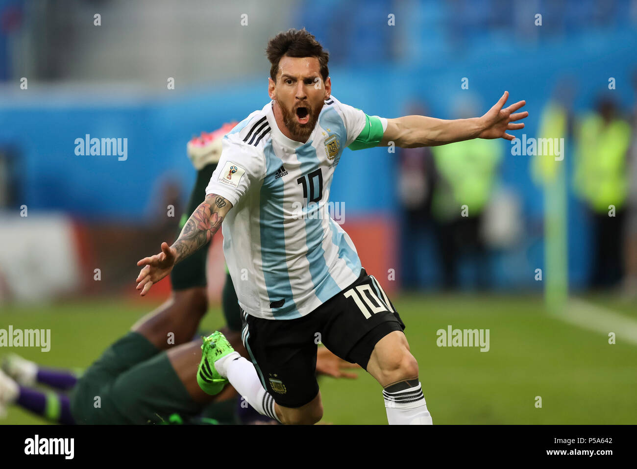 St Petersburg, Russia. 26th Jun, 2018. Lionel Messi of Argentina celebrates after scoring his side's first goal to make the score 1-0 during the 2018 FIFA World Cup Group D match between Nigeria and Argentina at Saint Petersburg Stadium on June 26th 2018 in Saint Petersburg, Russia. (Photo by Daniel Chesterton/phcimages.com) Credit: PHC Images/Alamy Live News Stock Photo