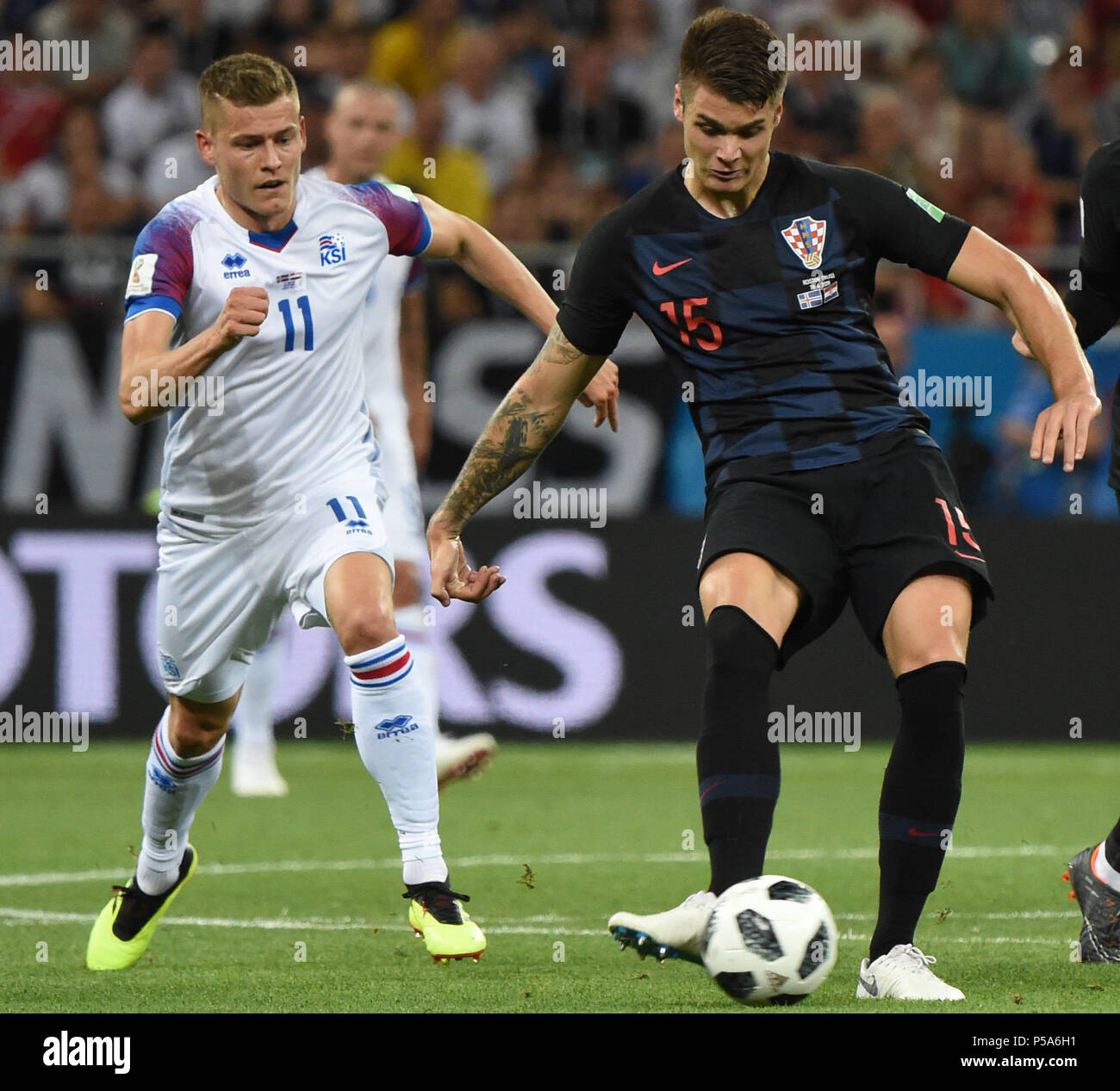Rostov On Don. 26th June, 2018. Duje Caleta-Car (R) of Croatia competes during the 2018 FIFA World Cup Group D match between Iceland and Croatia in Rostov-on-Don, Russia, June 26, 2018. Credit: He Canling/Xinhua/Alamy Live News Stock Photo