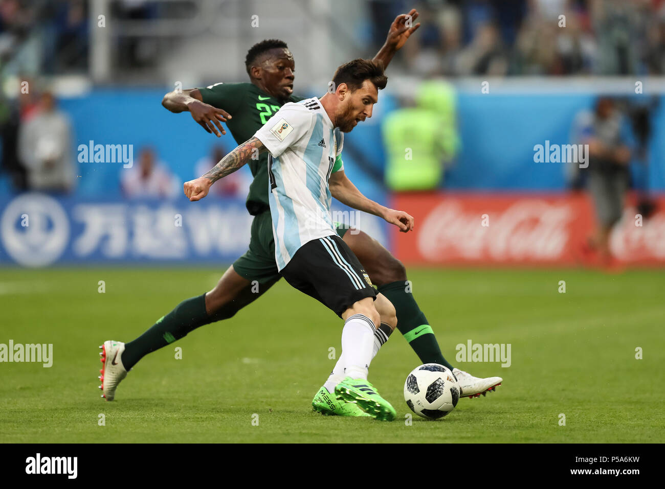 St Petersburg, Russia. 26th Jun, 2018. Lionel Messi of Argentina scores his side's first goal to make the score 1-0 during the 2018 FIFA World Cup Group D match between Nigeria and Argentina at Saint Petersburg Stadium on June 26th 2018 in Saint Petersburg, Russia. (Photo by Daniel Chesterton/phcimages.com) Credit: PHC Images/Alamy Live News Stock Photo