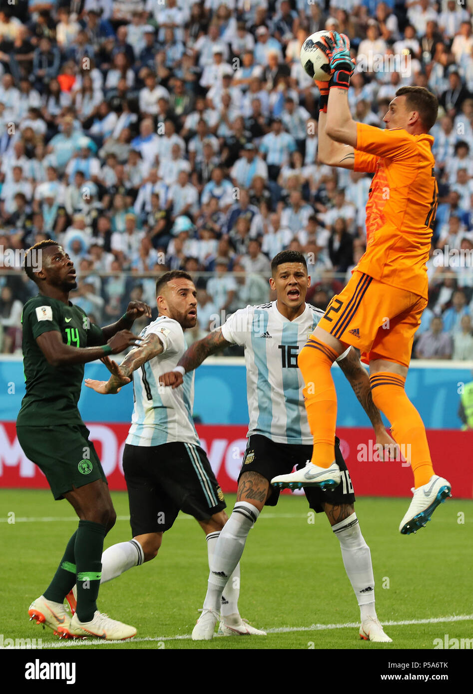 Saint Petersburg, Russia. 26th June, 2018. Goalkeeper Franco Armani (top)  of Argentina defends during the 2018 FIFA World Cup Group D match between  Nigeria and Argentina in Saint Petersburg, Russia, June 26,
