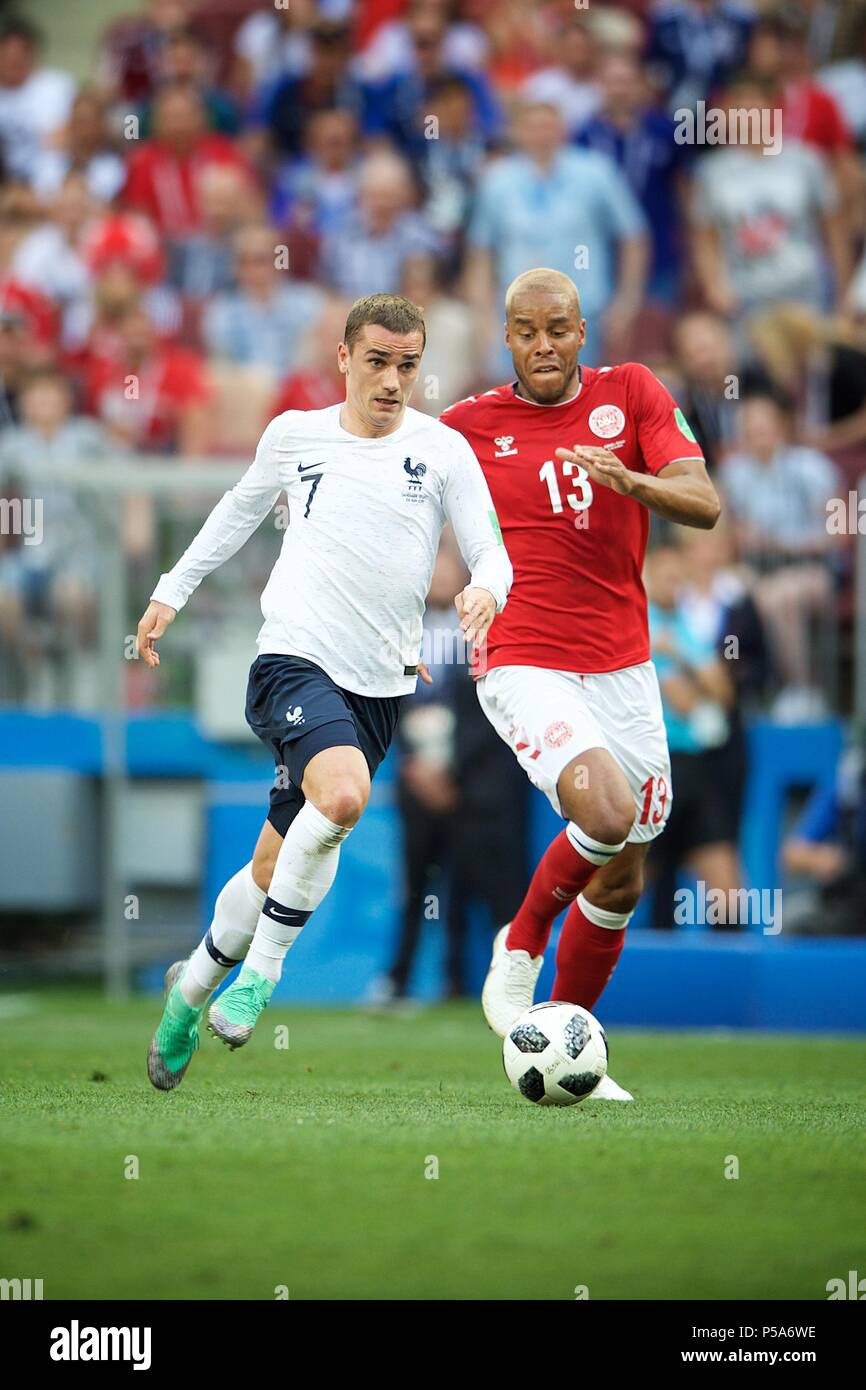 Jun 26th, 2018, Moscow, Russia. Mathias Jorgensen of Denmark and  Antoine Griezmann of france in action during the 2018 FIFA World Cup Russia Group C match Denmark v  France at Luzhniki  stadium, Moscow. Shoja Lak/Alamy Live News Stock Photo