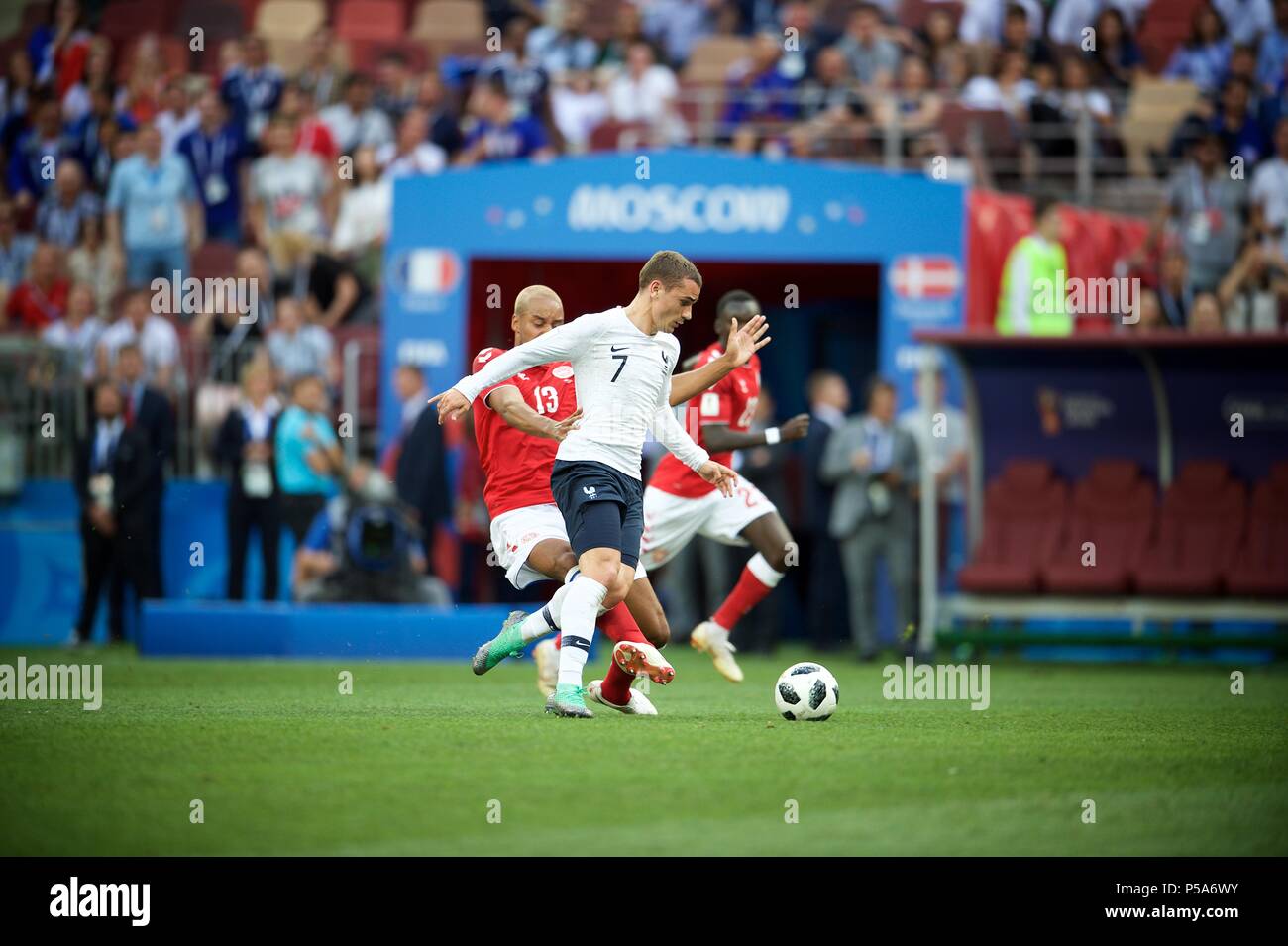 Jun 26th, 2018, Moscow, Russia. Thomas Delaney of Denmark and  Antoine Griezmann of france in action during the 2018 FIFA World Cup Russia Group C match Denmark v  France at Luzhniki  stadium, Moscow. Shoja Lak/Alamy Live News Stock Photo