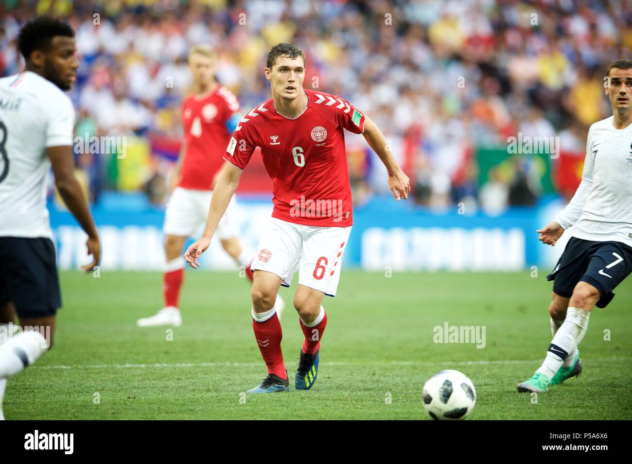 Jun 26th, 2018, Moscow, Russia. Andreas Christensen of Denmark and  Antoine Griezmann(R) of france in action during the 2018 FIFA World Cup Russia Group C match Denmark v  France at Luzhniki  stadium, Moscow. Shoja Lak/Alamy Live News Stock Photo