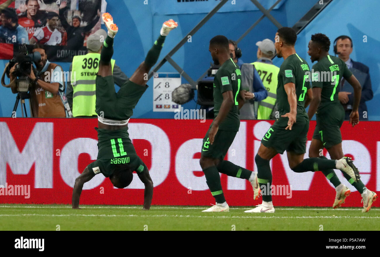 Moscow, Russia. 26th June, 2018. Soccer, World Cup 2018, Preliminary round, Group D, 3rd game day, Nigeria vs Argentina at the St. Petersburg Stadium: Nigeria's Victor Moses (L) celebrates his 1-1 goal. Credit: Cezaro De Luca/dpa/Alamy Live News Stock Photo