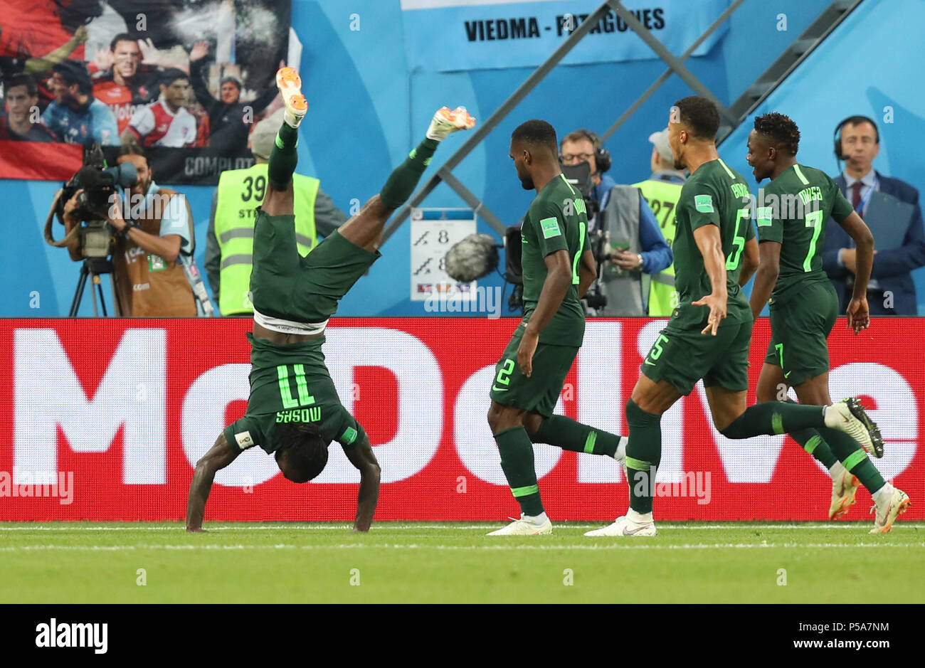 Saint Petersburg, Russia. 26th June, 2018. Victor Moses (1st L) of Nigeria celebrates scoring during the 2018 FIFA World Cup Group D match between Nigeria and Argentina in Saint Petersburg, Russia, June 26, 2018. Argentina won 2-1 and advanced to the round of 16. Credit: Wu Zhuang/Xinhua/Alamy Live News Stock Photo