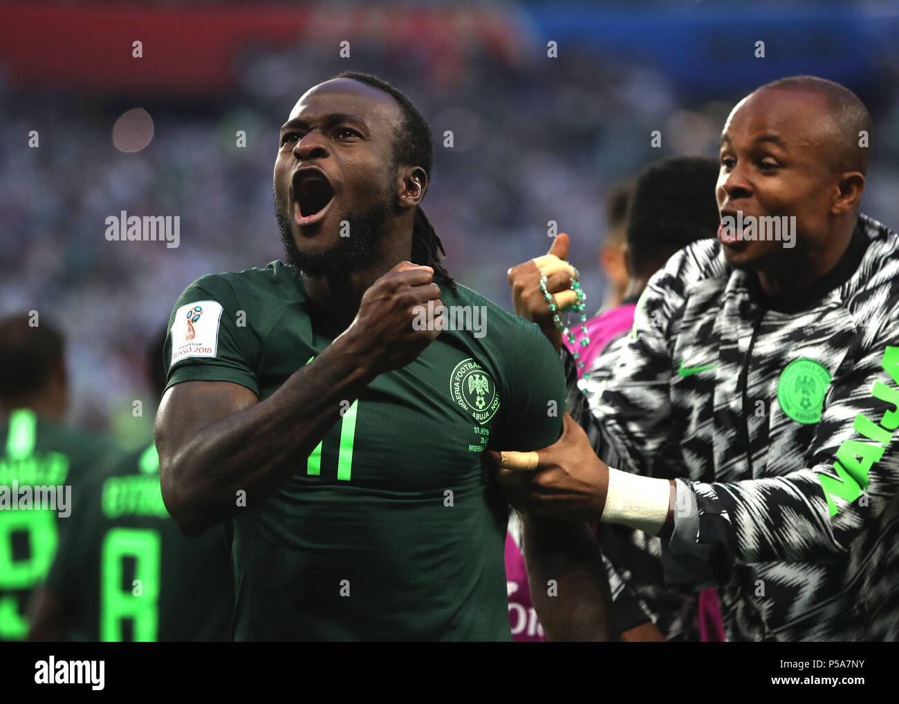 Saint Petersburg, Russia. 26th June, 2018. Victor Moses (L) of Nigeria celebrates scoring during the 2018 FIFA World Cup Group D match between Nigeria and Argentina in Saint Petersburg, Russia, June 26, 2018. Argentina won 2-1 and advanced to the round of 16. Credit: Wu Zhuang/Xinhua/Alamy Live News Stock Photo