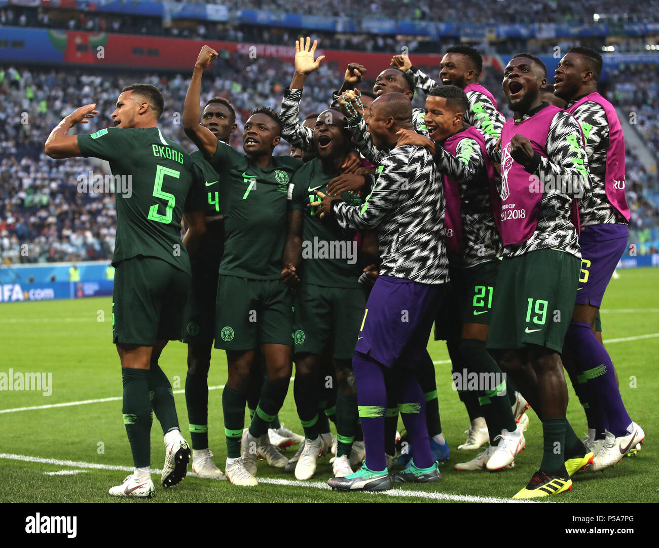 Saint Petersburg, Russia. 26th June, 2018. Victor Moses (4th L) of Nigeria celebrates scoring with teammates during the 2018 FIFA World Cup Group D match between Nigeria and Argentina in Saint Petersburg, Russia, June 26, 2018. Argentina won 2-1 and advanced to the round of 16. Credit: Wu Zhuang/Xinhua/Alamy Live News Stock Photo