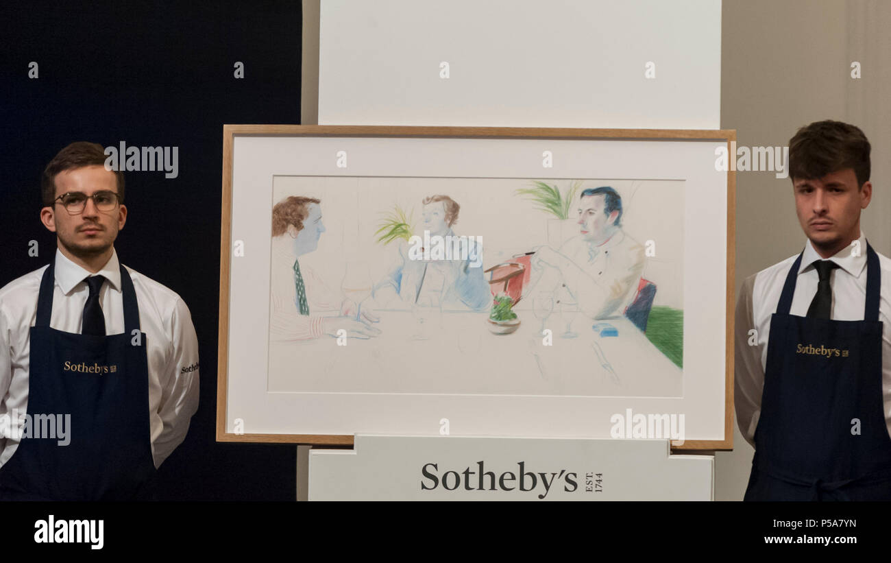 London, UK.  26 June 2018. ''Peter Langan, Michael Caine And Richard Shepherd, Langan'S Brasserie'' by David Hockney, (Est. £300,000 - 500,000) sold for a hammer price of £700,000 at Sotheby's Contemporary art evening sale in New Bond Street.  Credit: Stephen Chung / Alamy Live News Stock Photo