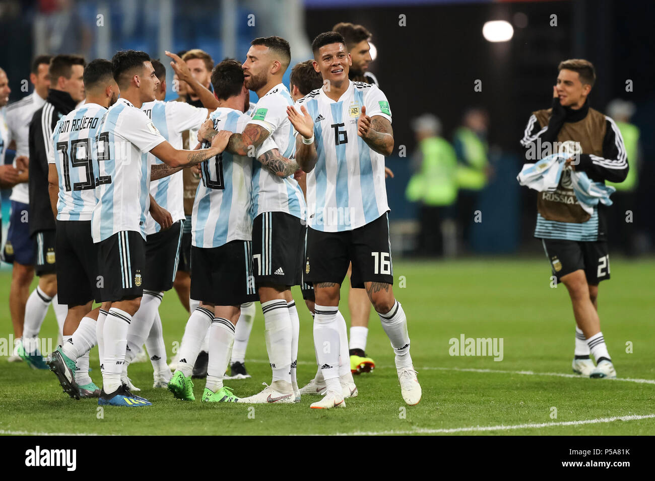 St Petersburg, Russia. 26th Jun, 2018. Marcos Rojo of Argentina celebrates after the 2018 FIFA World Cup Group D match between Nigeria and Argentina at Saint Petersburg Stadium on June 26th 2018 in Saint Petersburg, Russia. (Photo by Daniel Chesterton/phcimages.com) Credit: PHC Images/Alamy Live News Stock Photo
