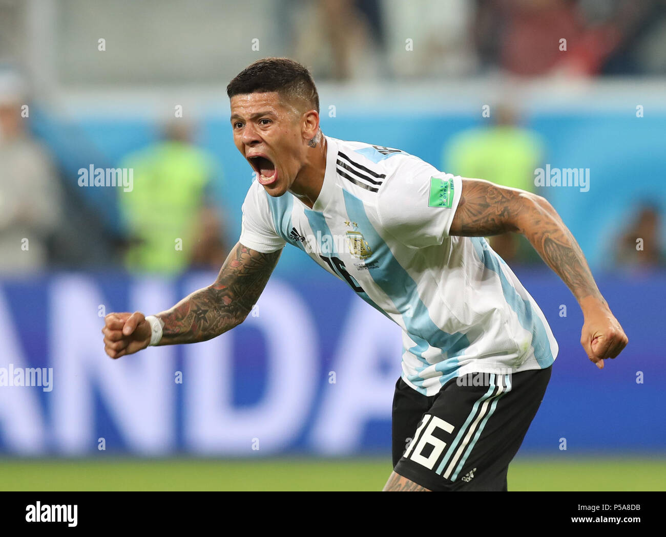 Saint Petersburg, Russia. 26th June, 2018. Marcos Rojo of Argentina celebrates scoring during the 2018 FIFA World Cup Group D match between Nigeria and Argentina in Saint Petersburg, Russia, June 26, 2018. Argentina won 2-1 and advanced to the round of 16. Credit: Yang Lei/Xinhua/Alamy Live News Stock Photo