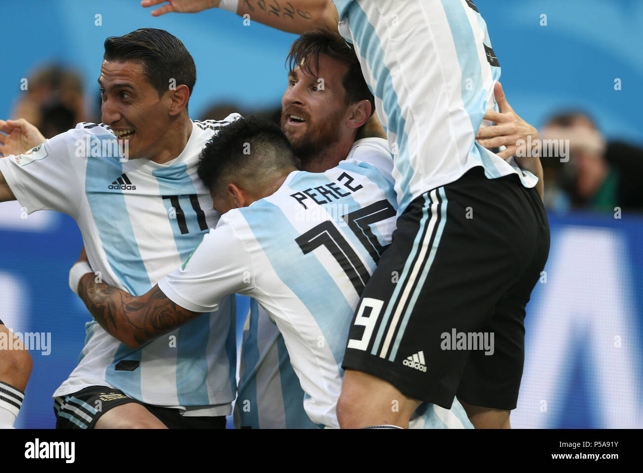 St Petersburg, Russia,  June 27, 2018. Match # 39 between Nigeria & Argentina:  After the 1st Goal by Lionel MESSI - Team mates celebrates. Argentina Won by 2:1 during Group D Match in St Petersburg Stadium in Russia  on 27th June   Seshadri SUKUMAR Credit: Seshadri SUKUMAR/Alamy Live News Stock Photo