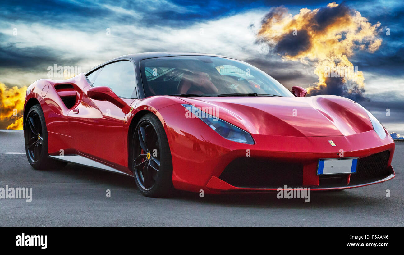 Rome, Italy - June 24, 2018: Luxury model sports car Ferrari 488 GTB placed on a scenic background. The Ferrari 488 is an Italian sports car produced Stock Photo - Alamy Rome, Italy - June 24, 2018: Luxury model sports car Ferrari 488 GTB placed on a scenic background. The Ferrari 488 is an Italian sports car produced Stock Photo - Alamy