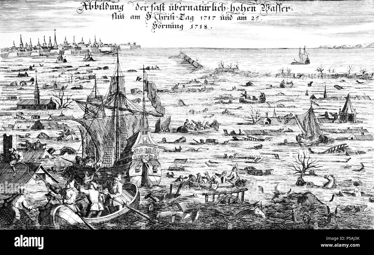 N/A. Deutsch: Als Weihnachtsflut wird die Sturmflut vom 24. Dezember auf den 25. Dezember 1717 bezeichnet. Sie wurde an der kontinentaleuropäischen Nordseeküste von einem plötzlich einsetzenden Nordweststurm verursacht. Zwischen den Niederlanden und Dänemark kam es zu zahlreichen Deichbrüchen und verheerenden Überschwemmungen. Von Tondern im nördlichen Herzogtum Schleswig bis zum ostfriesischen Emden ertranken etwa 9.000 Menschen; auch in den Niederlanden starben 2.500 Personen. Die Dramatik der Weihnachtsflut wurde verstärkt durch eine erneute Sturmflut in der Nacht vom 25. auf den 26. Februa Stock Photo