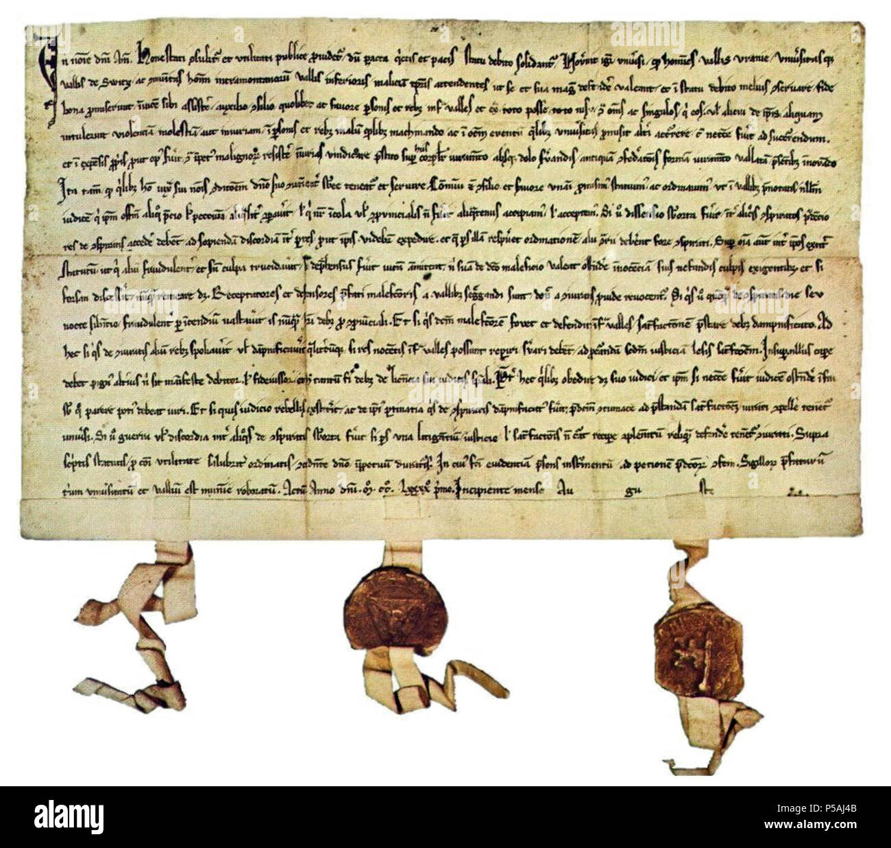 N/A. Deutsch: Der Bundesbrief von 1291 English: The Swiss Federal Charter of 1291 . 1291. Unknown 249 Bundesbrief Stock Photo