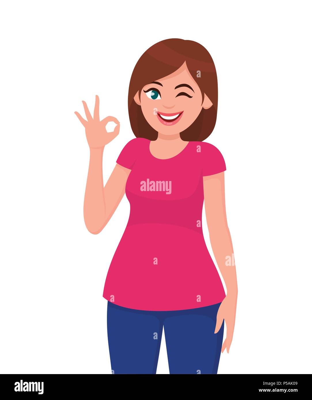 Young woman showing OK sign/gesture with fingers and winking eye. Human  emotion and body language concept illustration in vector cartoon flat style  Stock Vector Image & Art - Alamy