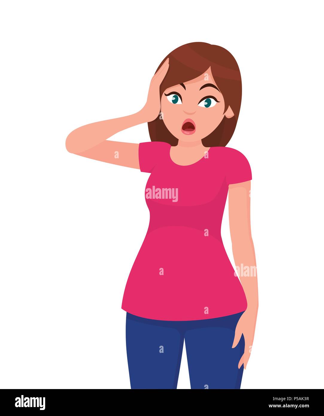 Young woman scared face expression with her hands on the head. Stock Vector