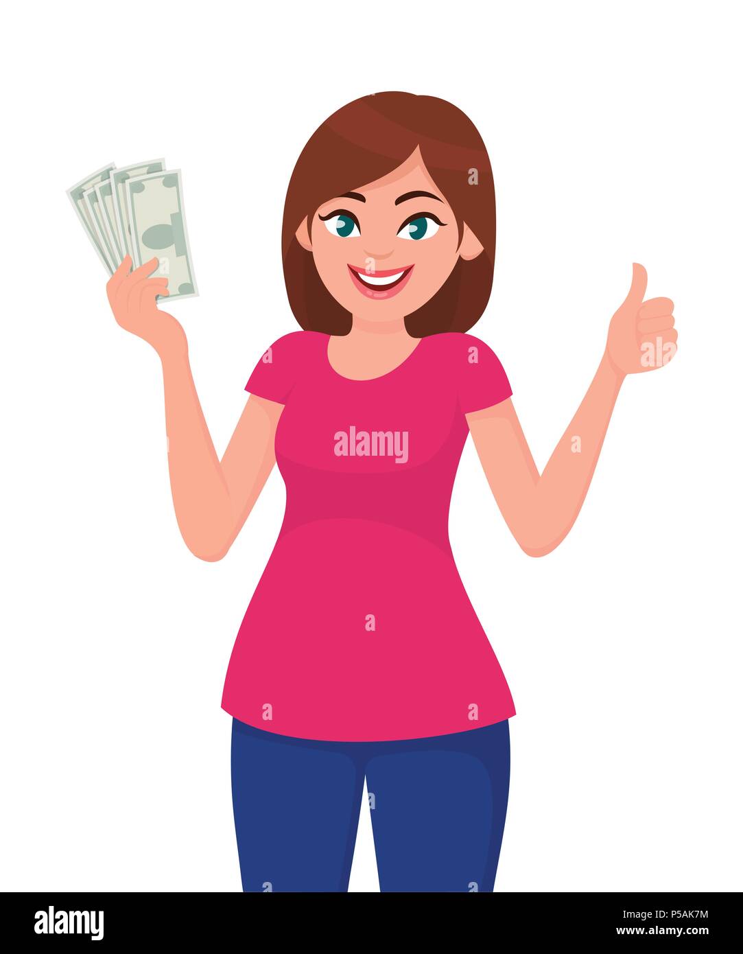 Young woman holding cash/currency/money in hand and showing thumbs up sign. Vector illustration in cartoon style. Stock Vector
