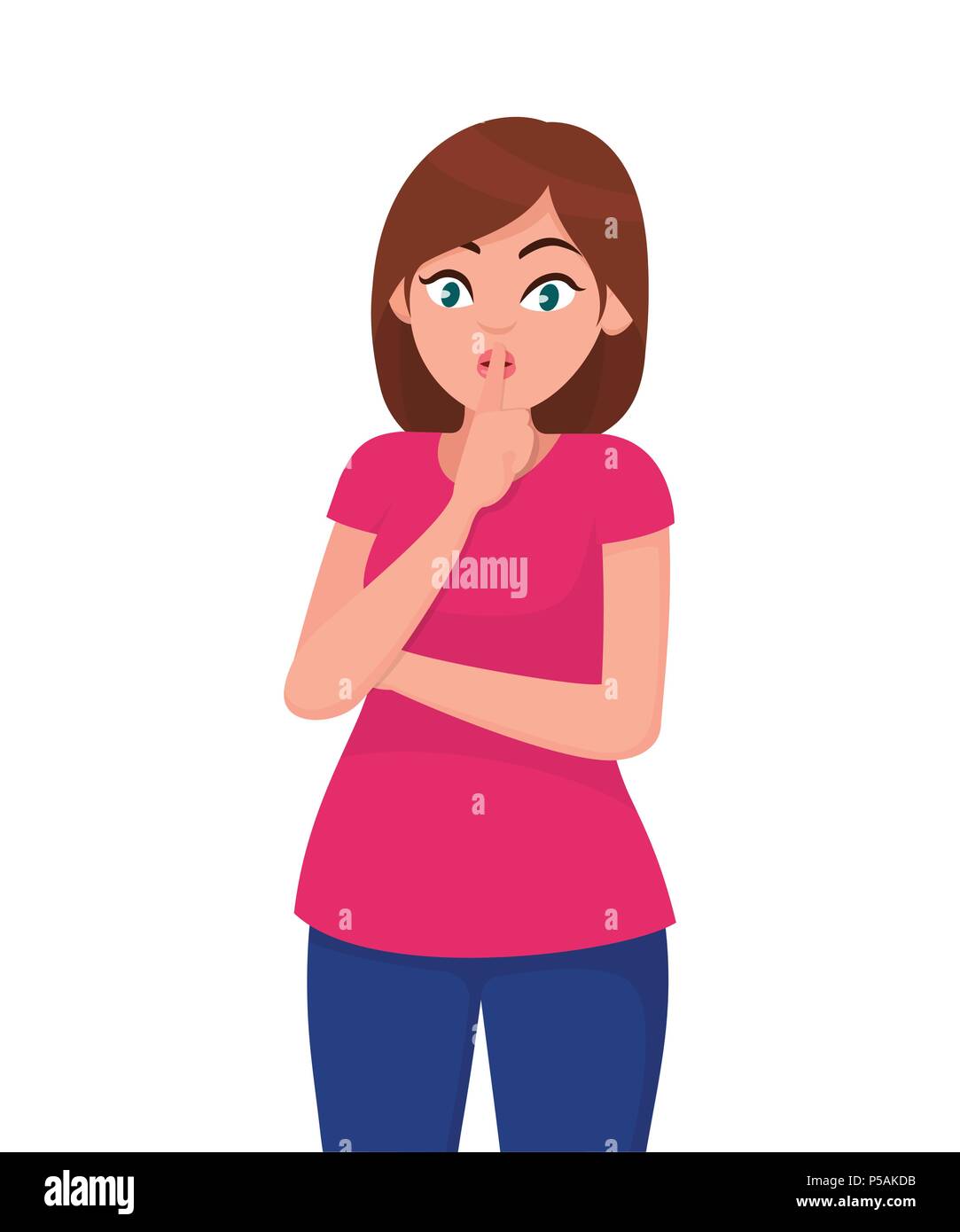 Young woman asking silence. Silence please! Keep quiet. Shh!  Human emotion and body language concept illustration in vector cartoon flat style. Stock Vector