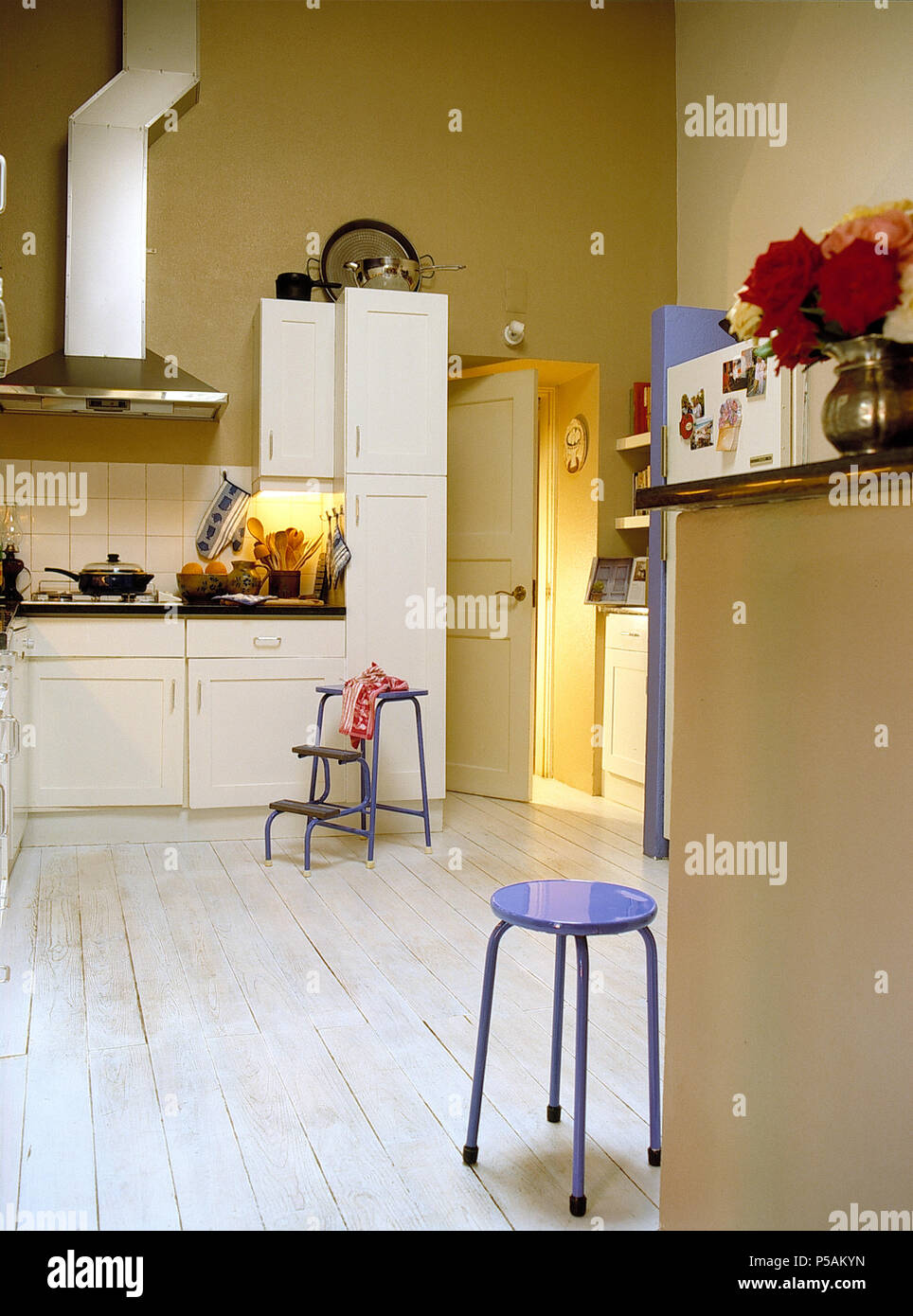 White painted floorboards in modern kitchen with white ffitted units Stock Photo