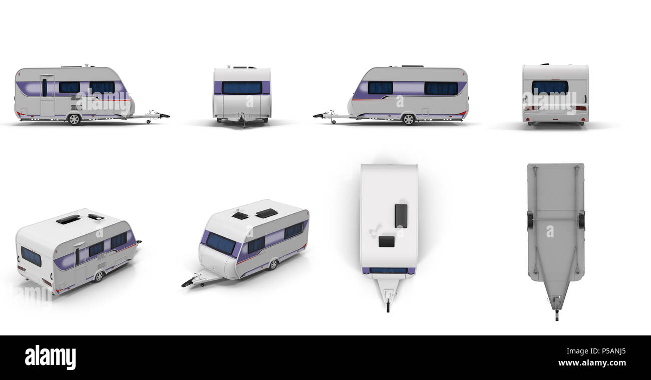 Travel Trailer Caravan renders set from different angles on a white. 3D illustration Stock Photo