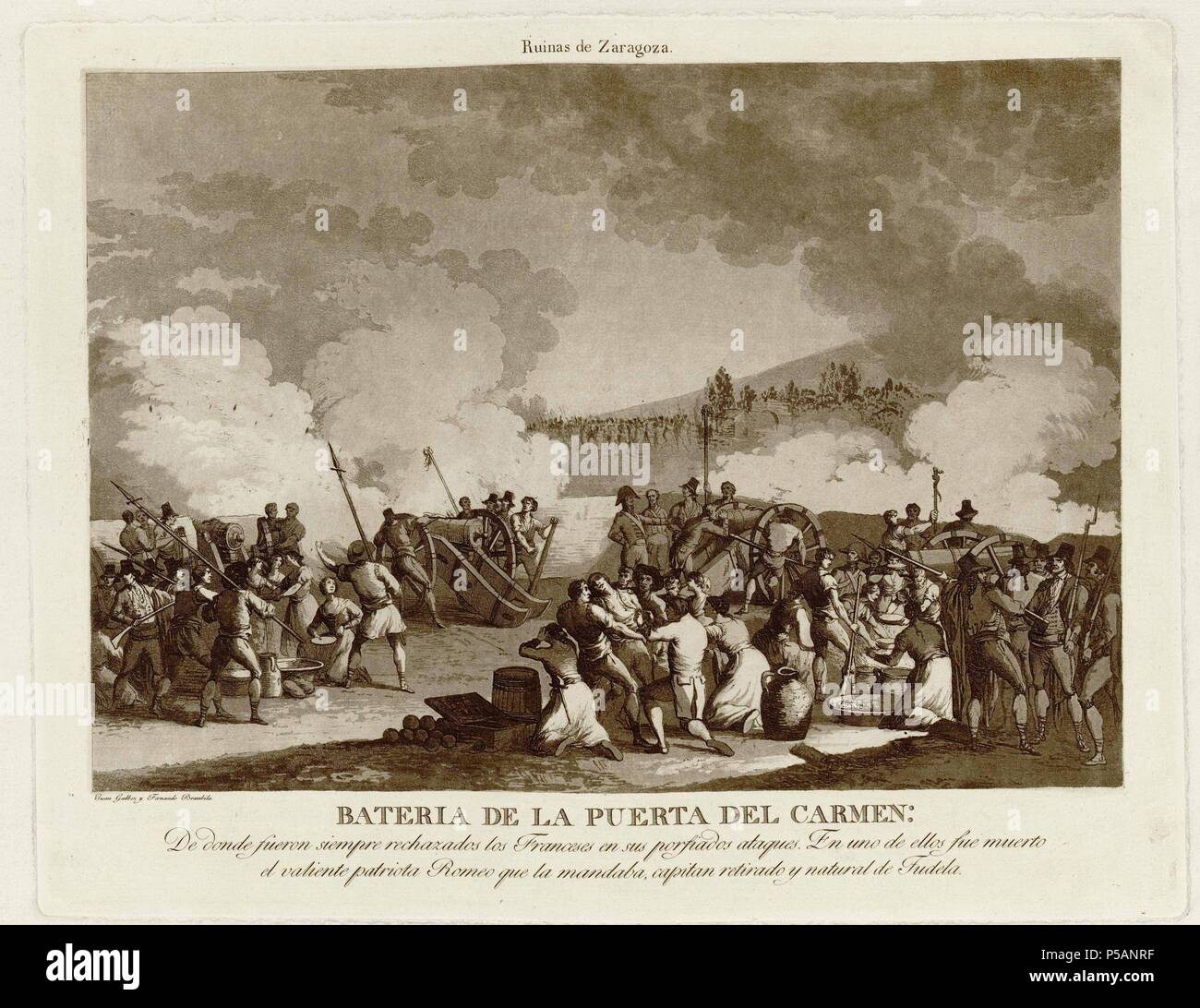 BATERIA DE LA PUERTA DEL CARMEN - 1812-1813 - GRABADO - AGUAFUERTE Y AGUATINTA. Author: BRAMBILA FERNANDO 1763/1834 Y GALVEZ JUAN. Location: BIBLIOTECA NACIONAL-COLECCION, MADRID, SPAIN. Stock Photo