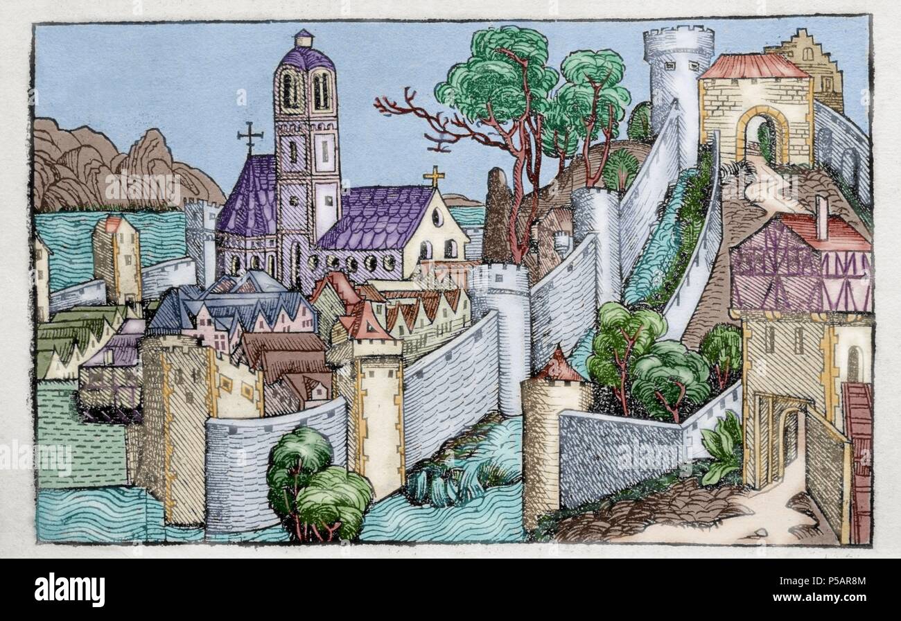 Liber chronicarum by Hartmann Schedel. The city of Alexandria. 15th century. Latin edition. Colored engraving. Episcopal Library. Barcelona. Spain. Stock Photo