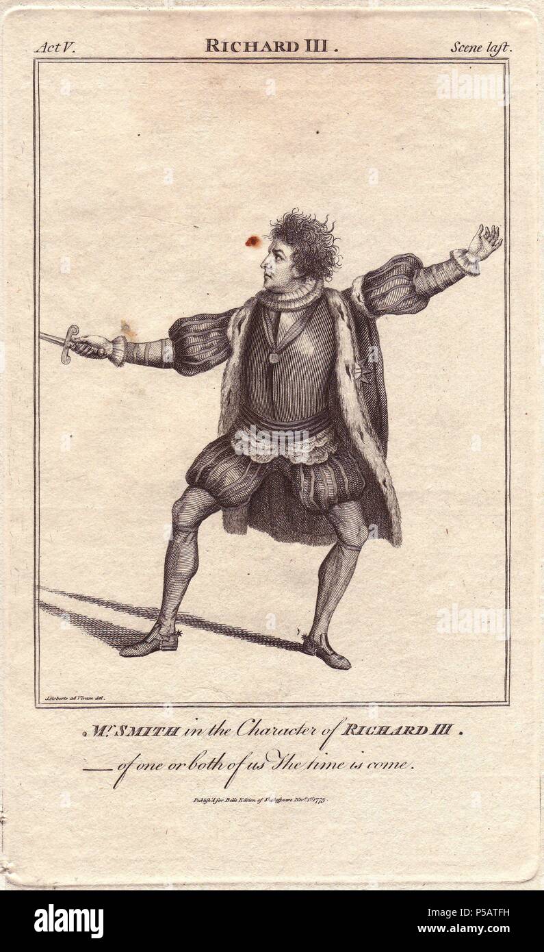 Mr. William Smith as Richard III. He stands in the 'en garde' position with sword drawn, breeches and stockings, puffed sleeves, bareheaded.. . Smith performed in London from 1753 to 1788 and was known as 'Gentleman Smith' for his delicate and proper depiction of the manners of a finished gentleman.. . Copperplate engraving from 'Bell's Shakespeare' published by John Bell, London, from 1776 to 1785. Stock Photo
