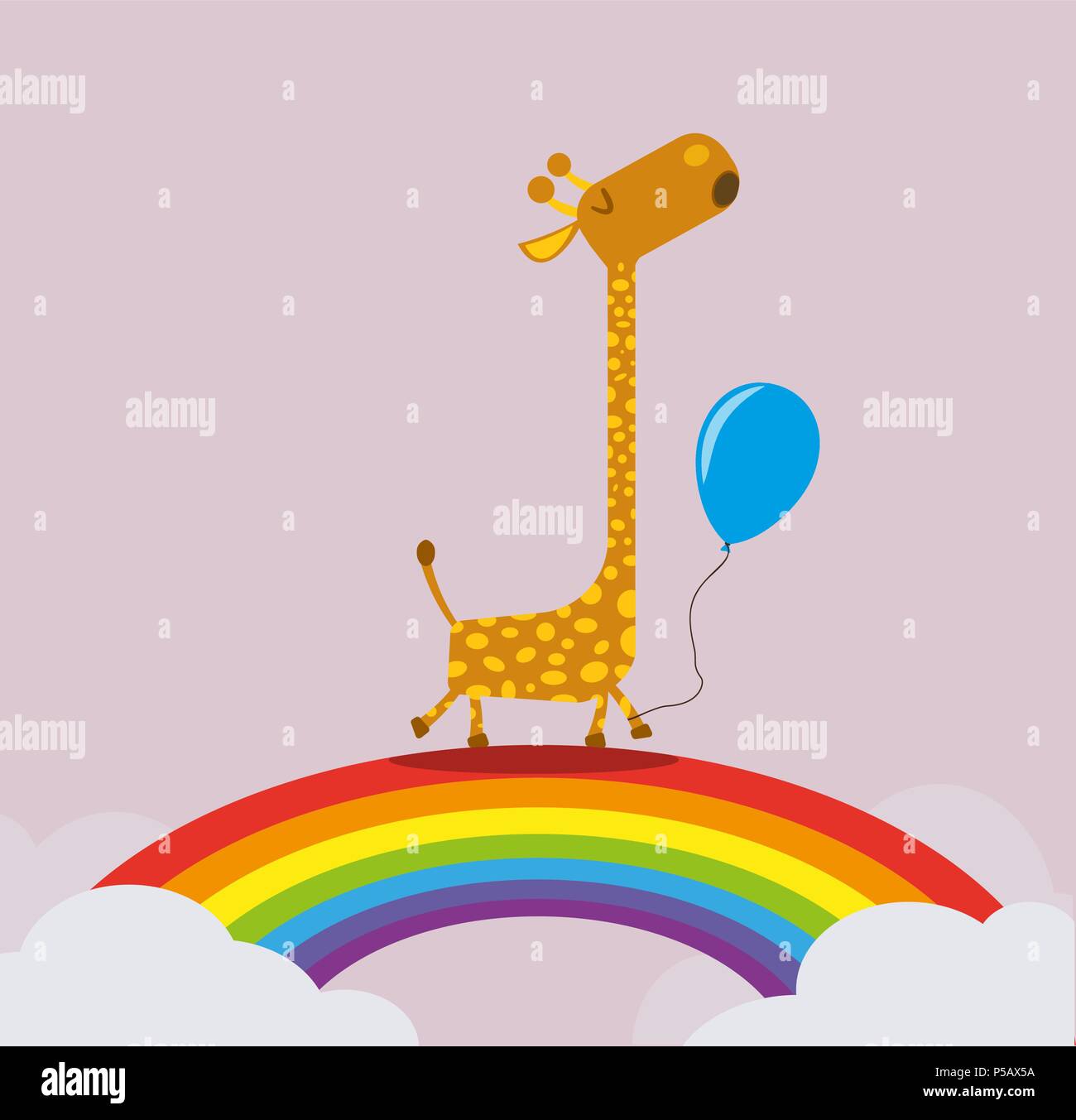 giraffe holding balloon walking on rainbow greeting card template Stock Vector
