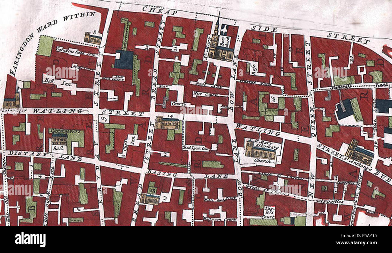 N/A. English: The Wards of Breadstreet and Cordwainer Including Bow Lane, Friday Street, New Queen St., Watling St, Distaff Lane and Budge Row from John Stow (John Strype, editor), Survey of the Cities of London and Westminster London, 1720, 2 volumes . 1720. John Stow 238 Broad street ward and cordwainer ward 1720 john stow Stock Photo