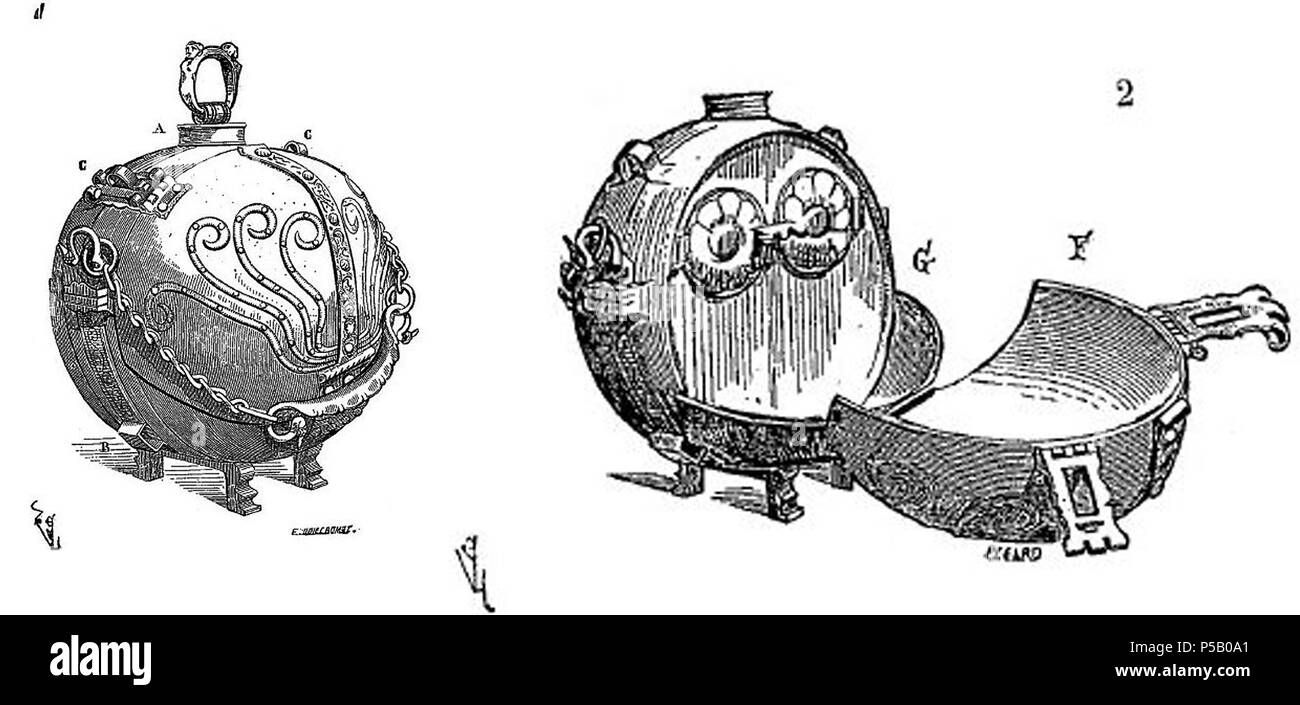 N/A. English: Drawing of a canteen of the seventeenth century kept in the museum of Cluny. Iron and tin, 40 cm height. The top handle lets bronze unscrew the cap from the orifice through which is introduced boiling water in half of the sphere. C ears allow the passage of a belt clip. In the open canteen (Fig. 2), two discs clog small ovens that can contain warm cooked meat. In the folded F, set on fire, or in the G pocket, you can cook vegetables or soup. This F acts as dish, but can also contain bread, towels, knives, spoons and forks. Français : Dessin d'une cantine du XVIIe siècle conservée Stock Photo