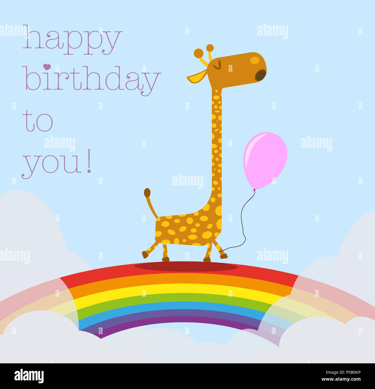 giraffe holding balloon walking on rainbow happy birthday card template Stock Vector