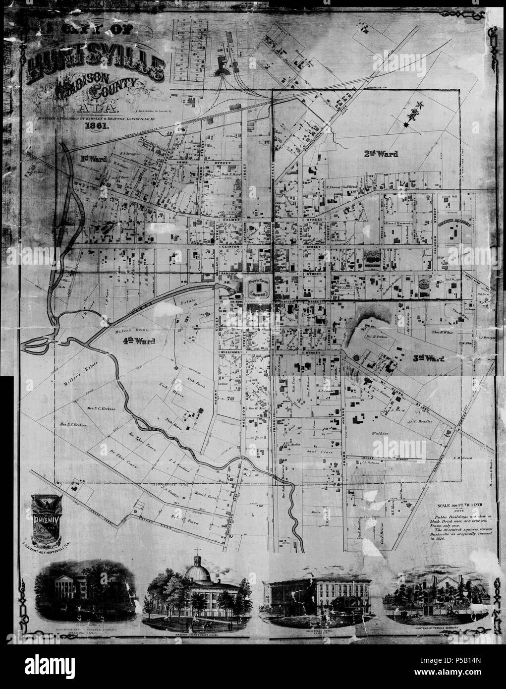 N/A. Map of Huntsville, Alabama . 1861. Hartley and Drayton, Louisville, Ky. 29 1861 map of Huntsville, Alabama Stock Photo