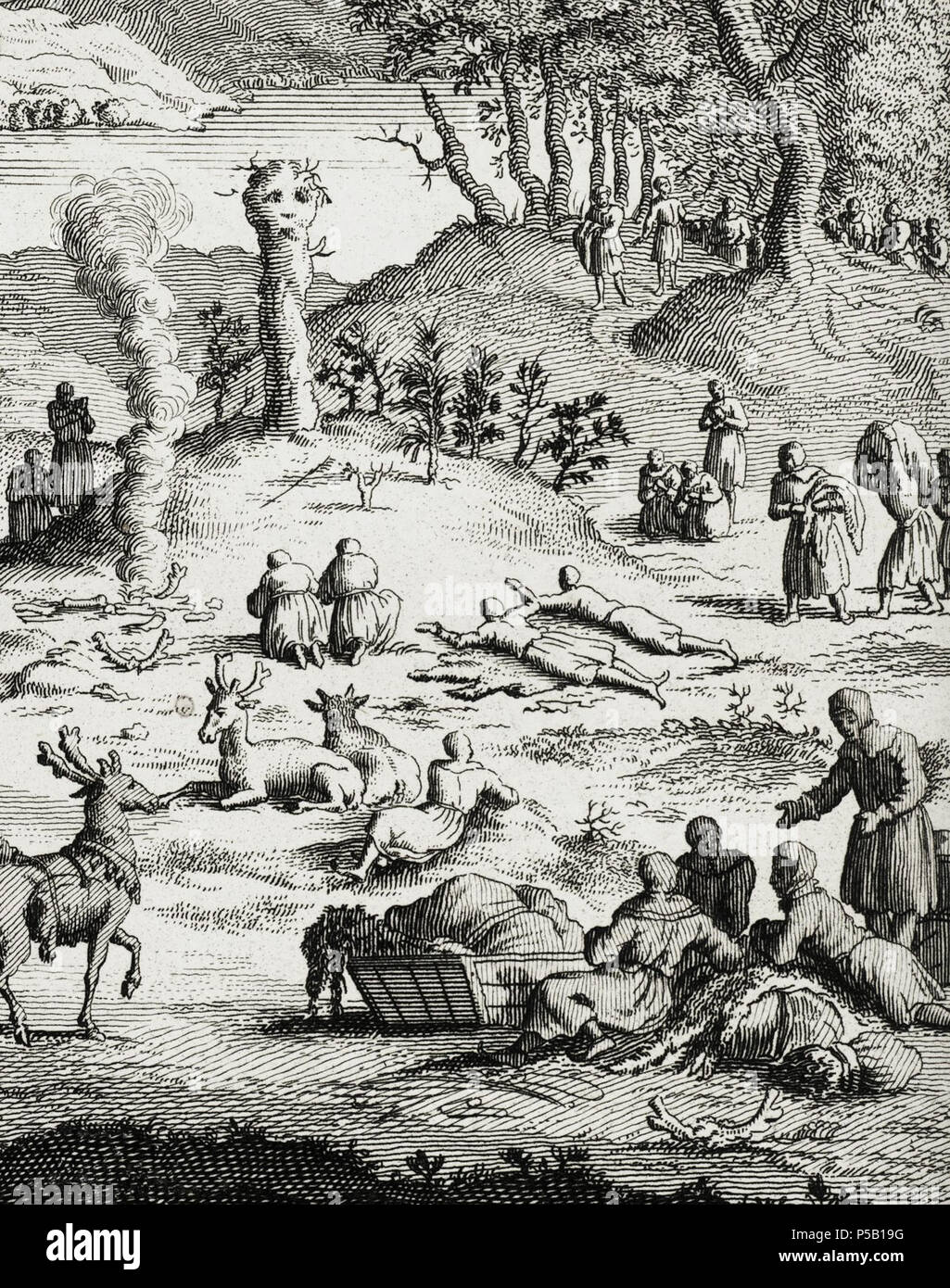 N/A. English: Sami People of the Nordic areas (Norway, Sweden and Finland) is offering and praying at a mound grave or tumuli. They are praying to the God of the Underworld. They offered horse’s and deer’s for the God worshipped at this sacred place. Bernard Picart used some of the same depictions of the ancient Sami religion as Johannes Scheffer or Johannes Schefferus had used for documenting the Laplander (i.e. Sami) people in the history book 'Lapponia' (1673). http://www.saamiblog.blogspot.com/ . 1724.   Bernard Picart  (1673–1733)     Alternative names Bernard Picard; Bernard Picart (le R Stock Photo