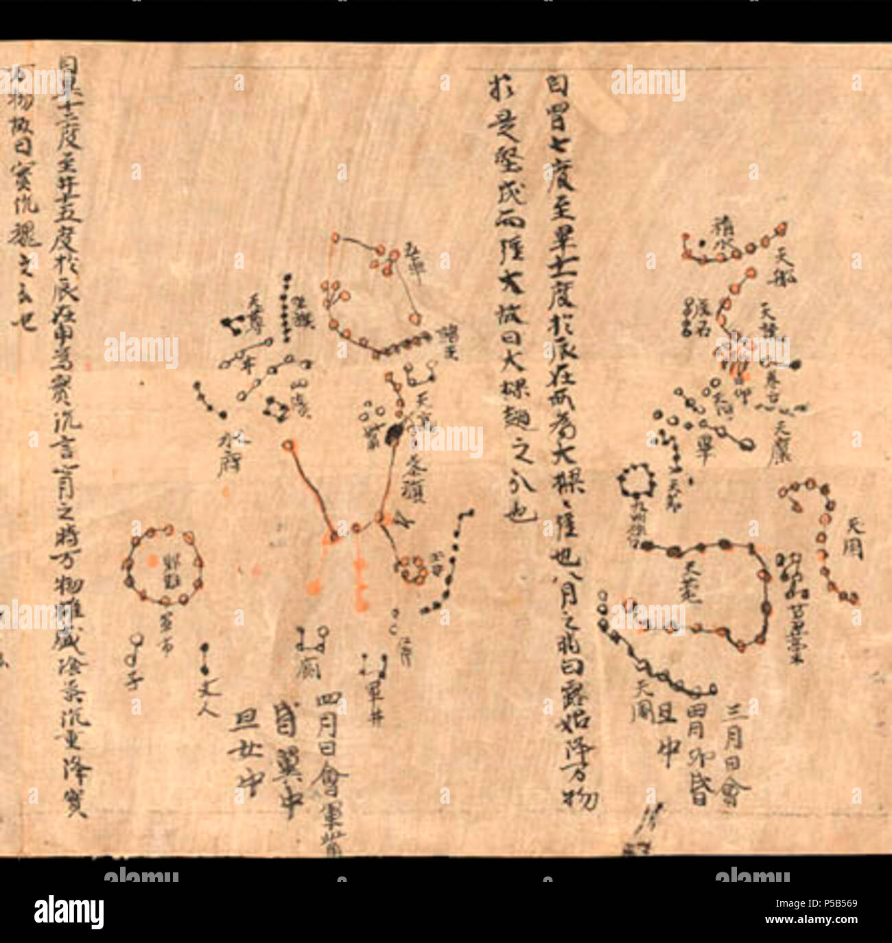 N/A. English: A segment of the Dunhuang star map from around AD 700 AD. British Library Or.8210/S.3326 showing the Third and Fourth lunar months, with the constellation of Orion to the left along with the stars Betelgeuse, Rigel, Bellatrix, Saiph , the three stars that compose Orion's belt - Alnitak, Alnilam and Mintaka, along with the Orion Nebula. turn of the 7/8th century. Unknown 486 Dunhuang Star Atlas - Orion Stock Photo