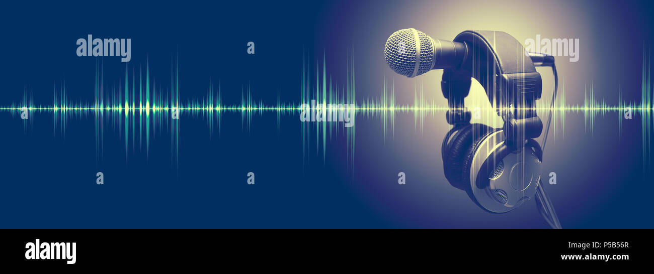 Studio microphone and sound waves.Sound engineering and karaoke