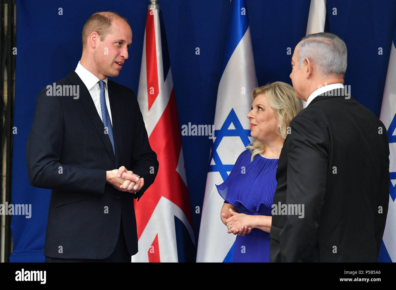 The Duke of Cambridge meets with Israeli Prime Minister Benjamin Netanyahu and his wife Sara Ben-Artzi at his official residence in Jerusalem, Israel, as part of his tour of the Middle East. Stock Photo