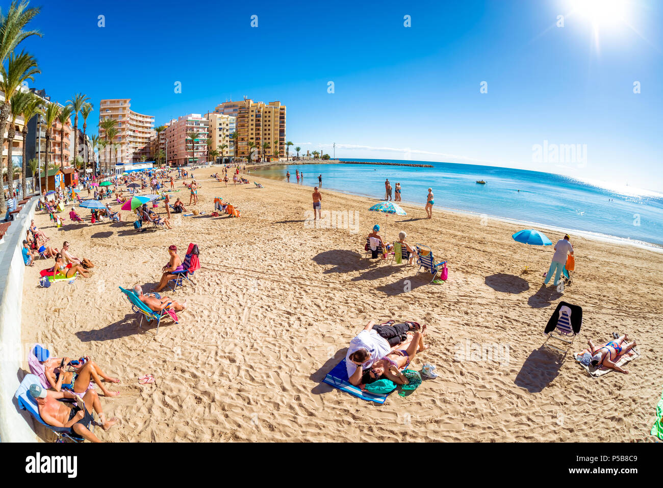 TORREVIEJA, SPAIN - NOVEMBER 13, 2017: Panorama of the beach of Playa Del Cura. Stock Photo
