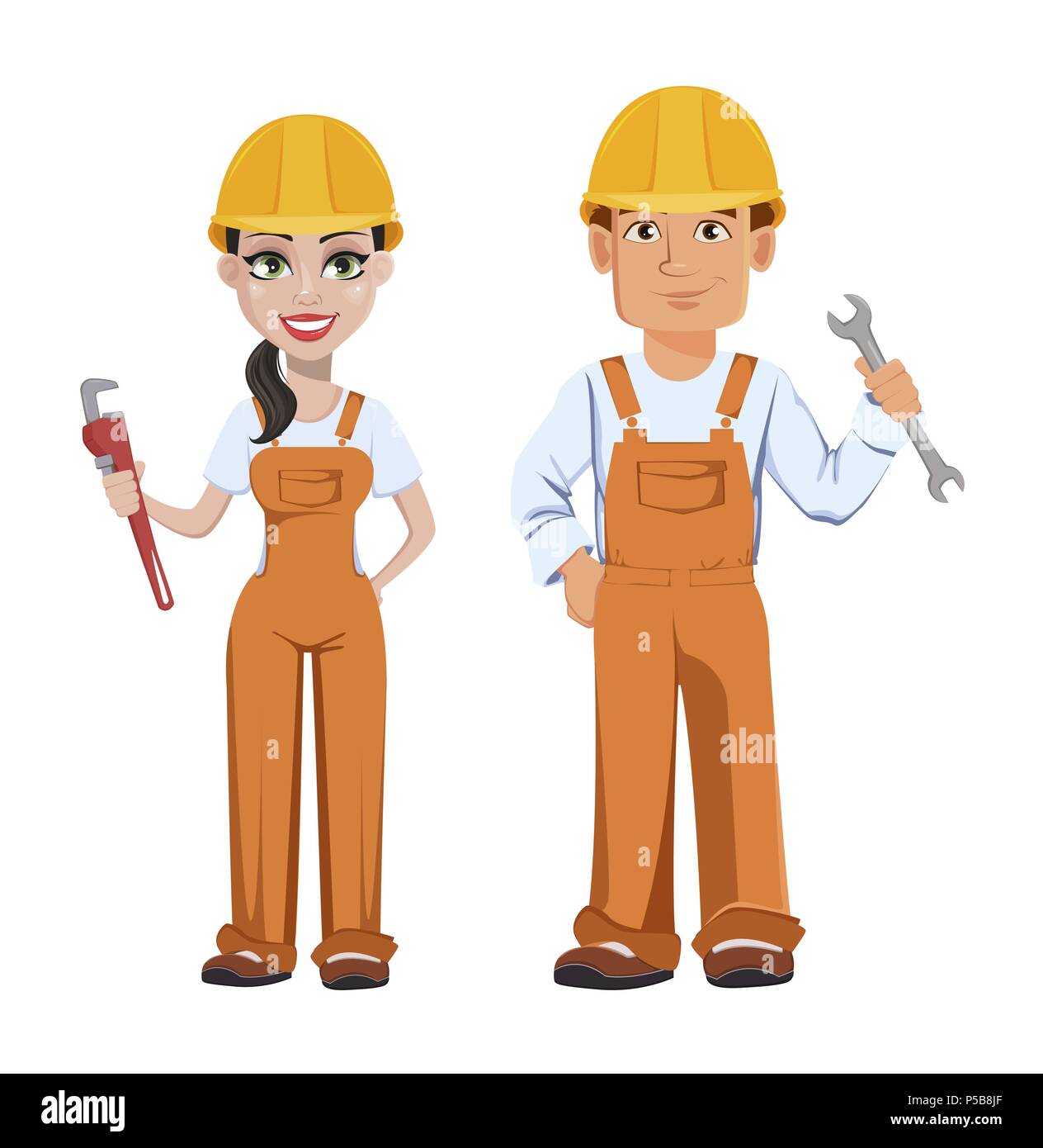 Builder man and woman in uniform, cartoon characters. Professional construction workers. Smiling repairman with wrench and woman with adjustable wrenc Stock Vector